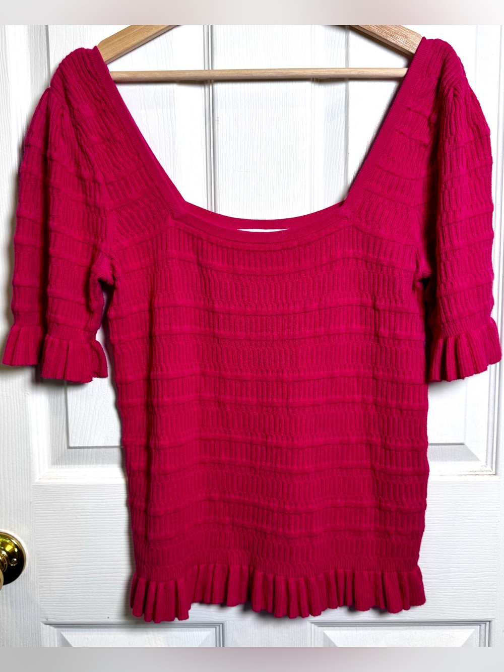 Adam Lippes Collective XL Fuchsia Ribbed Knit Puff Sleeve Ruffle Hem Sweater Top